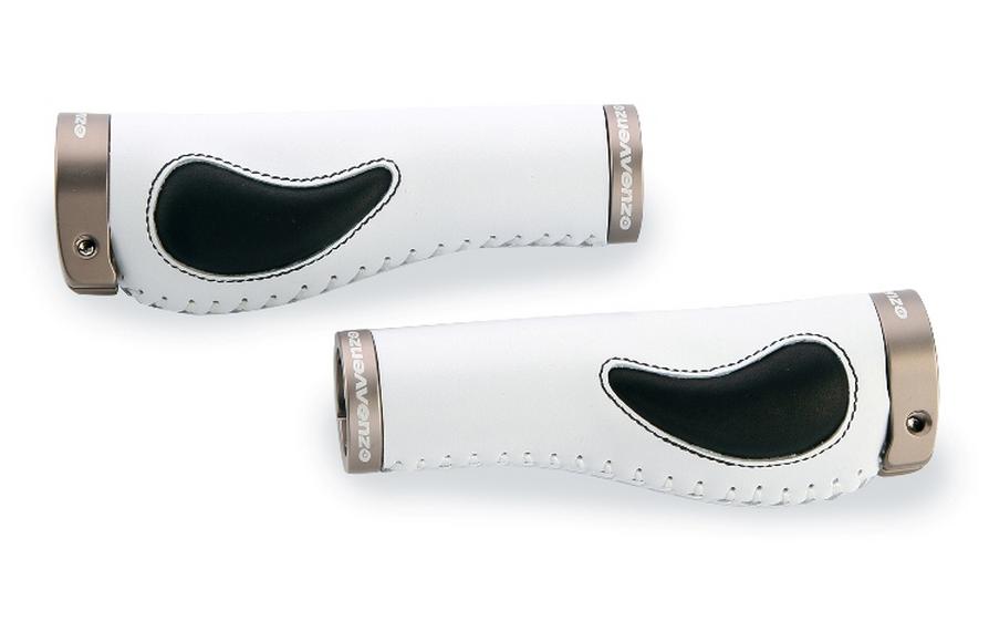 Ручки руля VENZO COMFORT VZ-E05-004, длина 138 мм, бело-чёрные, кожа, 2 алюм. фиксатора серебр (пара